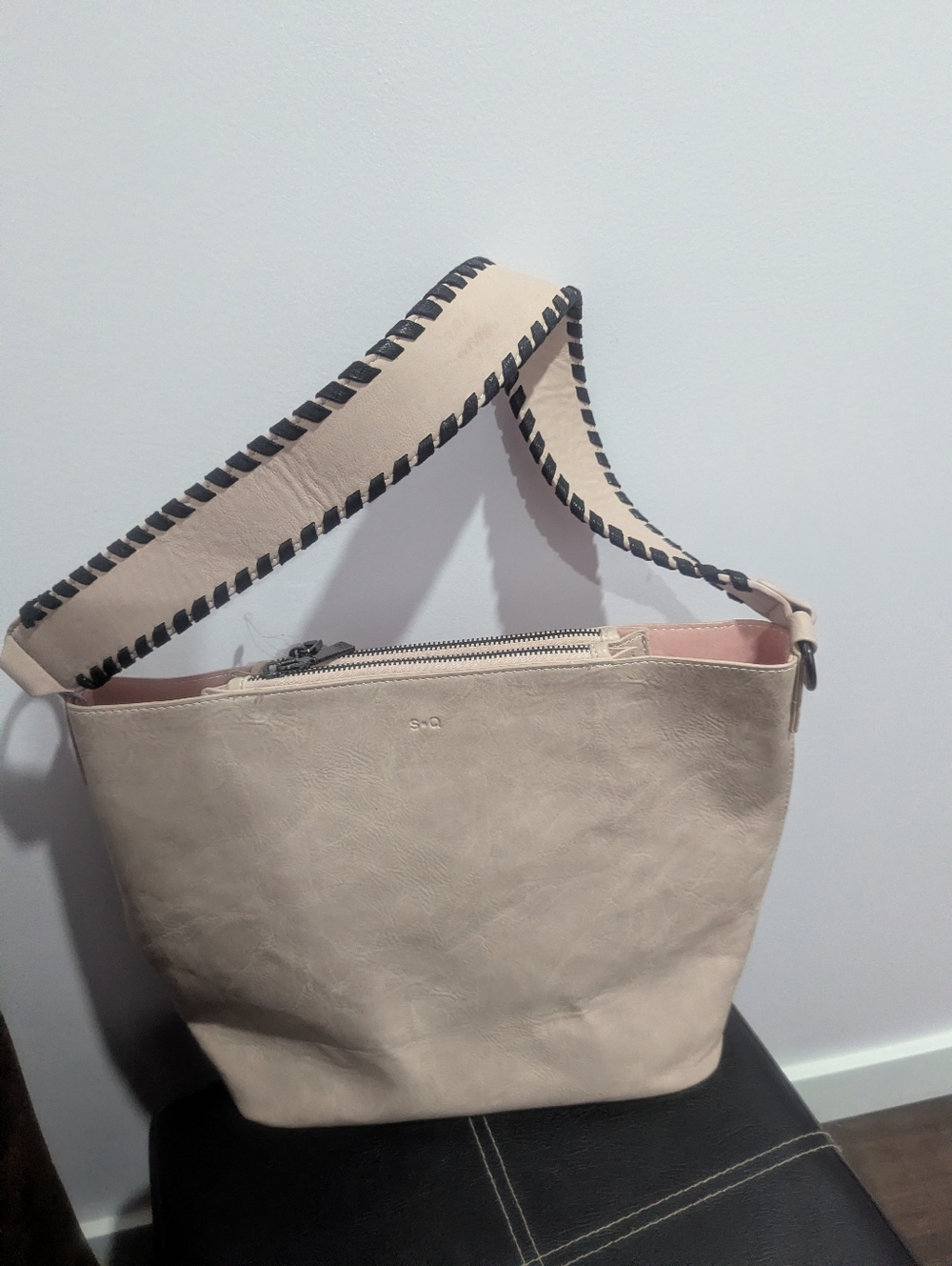 Vegan Leather Cream Shoulder Bag with Contrasting Stitch Trim